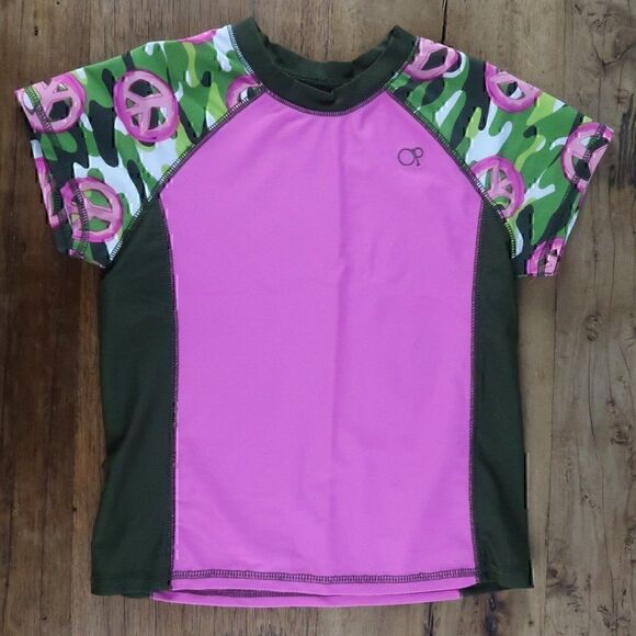 OCEAN PACIFIC OP PINK PEACE CAMO SWIM SHIRT RASHGUARD GIRLS SIZE 7/8 - Picture 1 of 5
